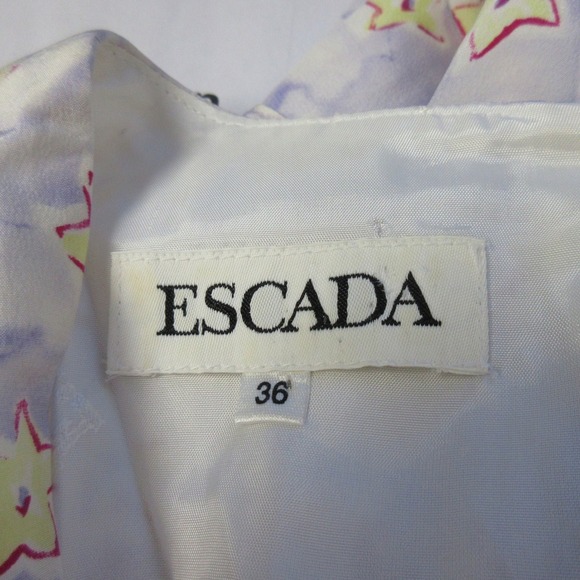 Escada 100% Silk Wrap Dress 38 US M Star Print Purple Tie Short Sleeve Midi 290 - Picture 3 of 11